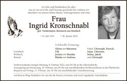 Traueranzeige Ingrid Kronschnabl
