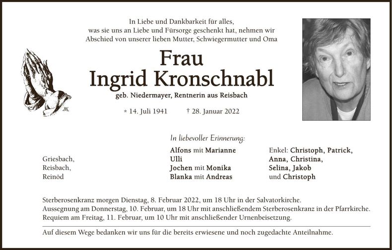 Traueranzeige Ingrid Kronschnabl