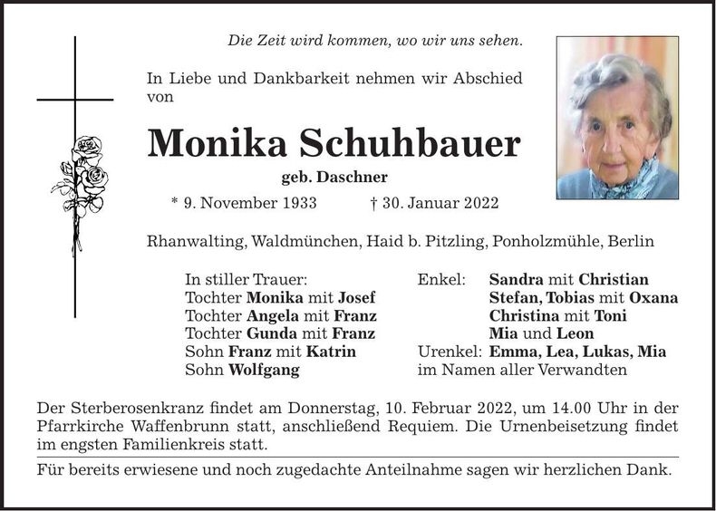 Traueranzeige Monika Schuhbauer