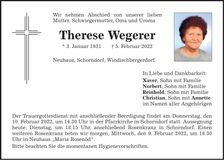 Traueranzeige Therese Wegerer