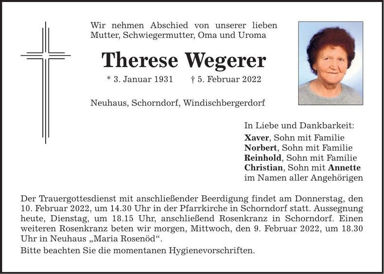 Traueranzeige Therese Wegerer