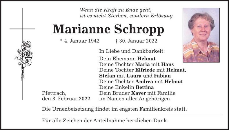 Traueranzeige Marianne Schropp