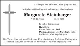 Traueranzeige Margarete Steinberger