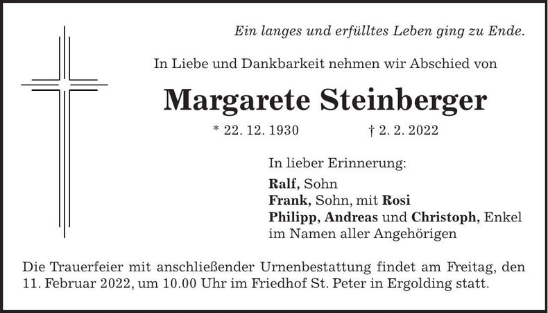 Traueranzeige Margarete Steinberger