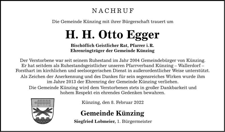Traueranzeige H. H. Otto Egger Egger