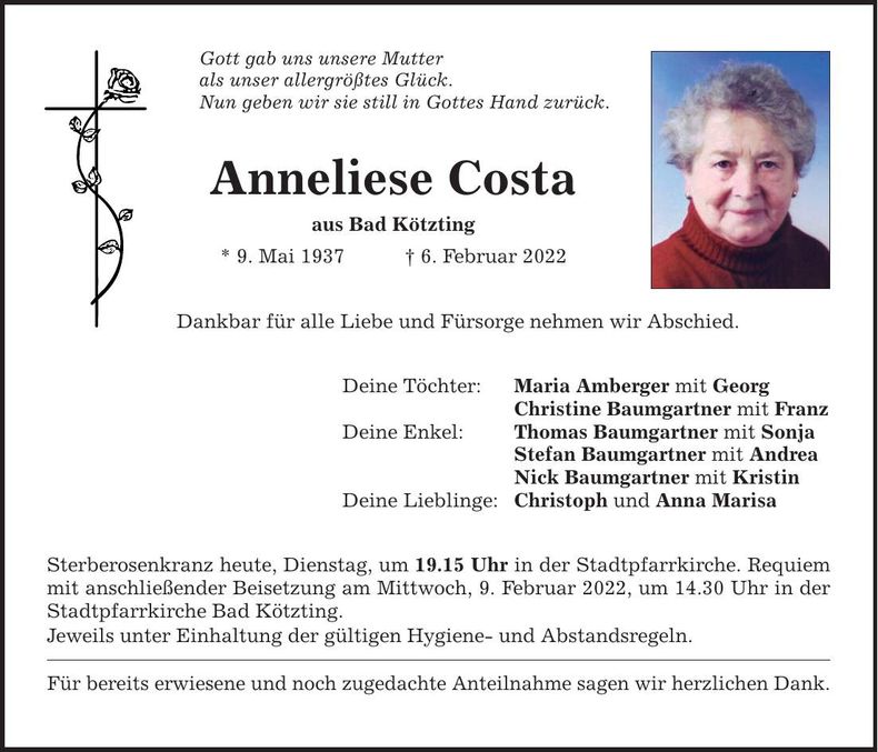 Traueranzeige Anneliese Costa