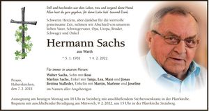 Traueranzeige Hermann Sachs