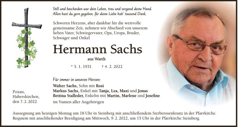 Traueranzeige Hermann Sachs