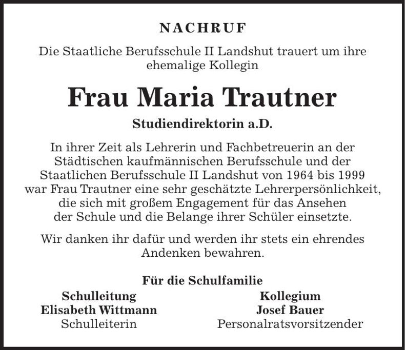 Traueranzeige Maria Trautner