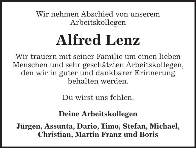 Traueranzeige Alfred Lenz