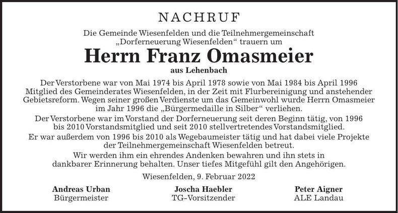 Traueranzeige Franz Omasmeier