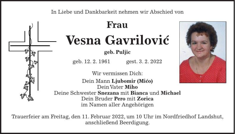 Traueranzeige Vesna Gavrilovic