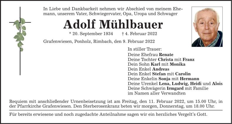 Traueranzeige Adolf Mühllbauer