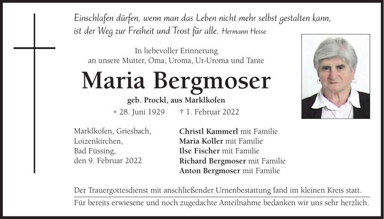 Traueranzeige Maria Bergmoser