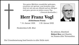 Traueranzeige Franz Vogl