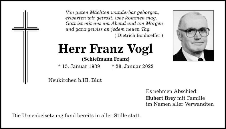 Traueranzeige Franz Vogl