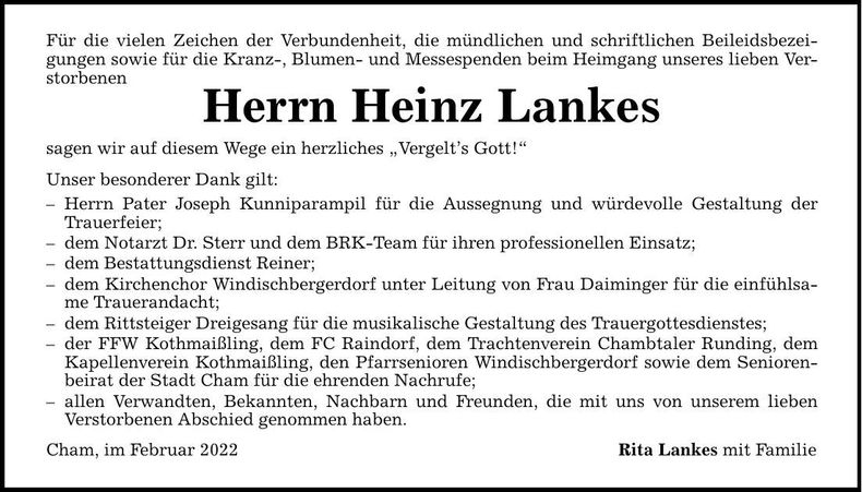 Traueranzeige Heinz Lankes