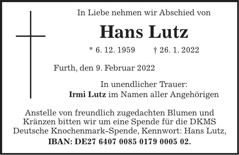 Traueranzeige Hans Lutz