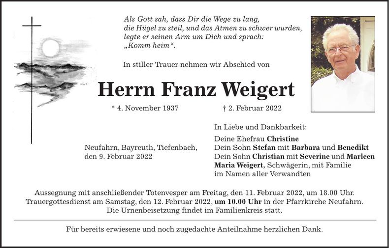Traueranzeige Franz Weigert
