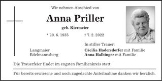Traueranzeige Anna Priller