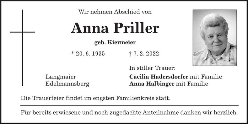 Traueranzeige Anna Priller