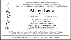 Traueranzeige Alfred Lenz