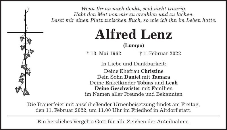 Traueranzeige Alfred Lenz