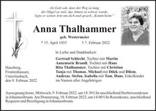 Traueranzeige Anna Thalhammer