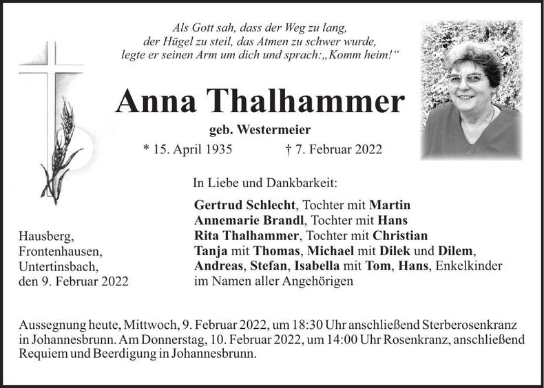 Traueranzeige Anna Thalhammer