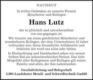 Traueranzeige Hans Lutz