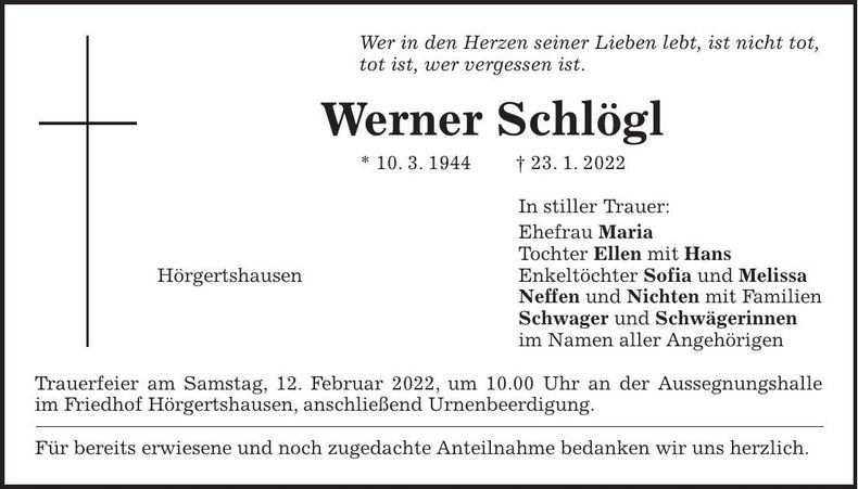 Traueranzeige Werner Schlögl