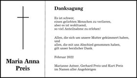 Traueranzeige Maria Anna Preis