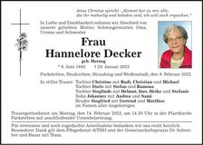 Traueranzeige Hannelore Decker