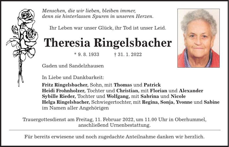 Traueranzeige Theresia Ringelsbacher