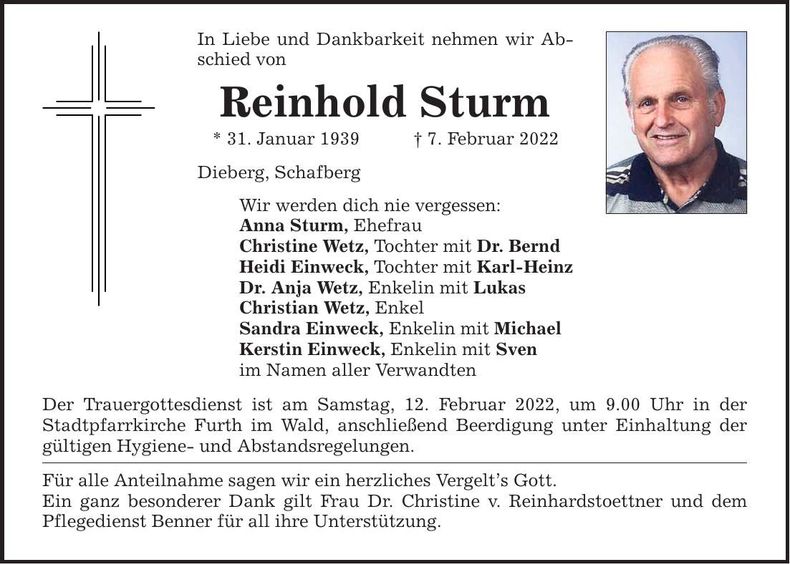 Traueranzeige Reinhold Sturm