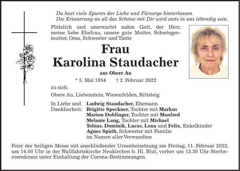 Traueranzeige Karolina Staudacher