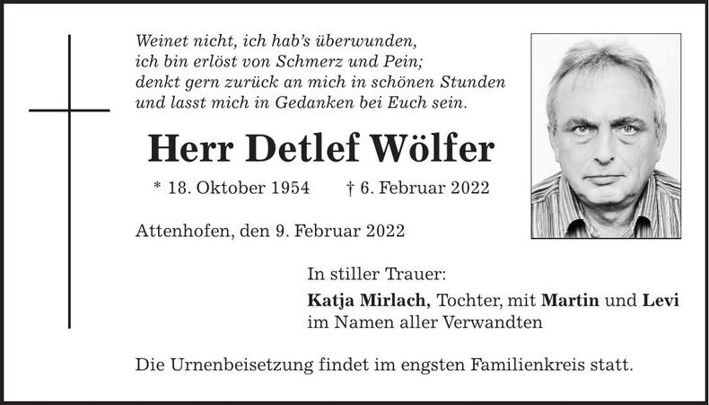 Traueranzeige Detlef Wölfer