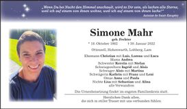 Traueranzeige Simone Mahr
