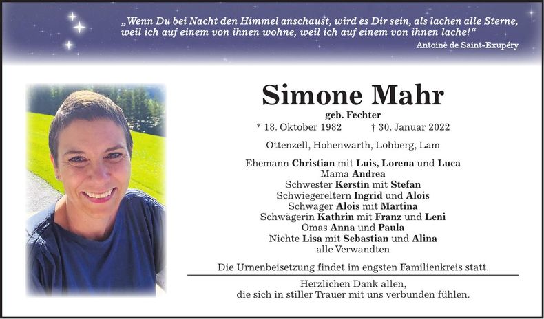 Traueranzeige Simone Mahr