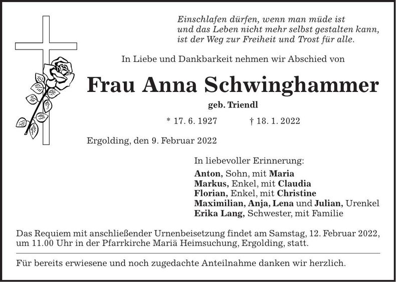 Traueranzeige Anna Schwinghammer