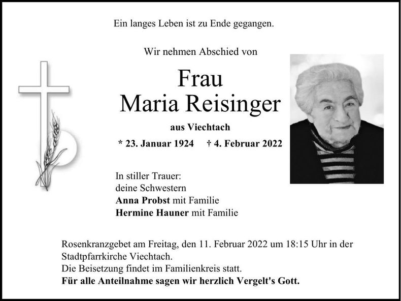Traueranzeige Reisinger Maria