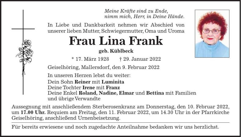 Traueranzeige Lina Frank