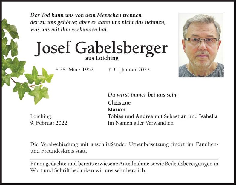 Traueranzeige Josef Gabelsberger