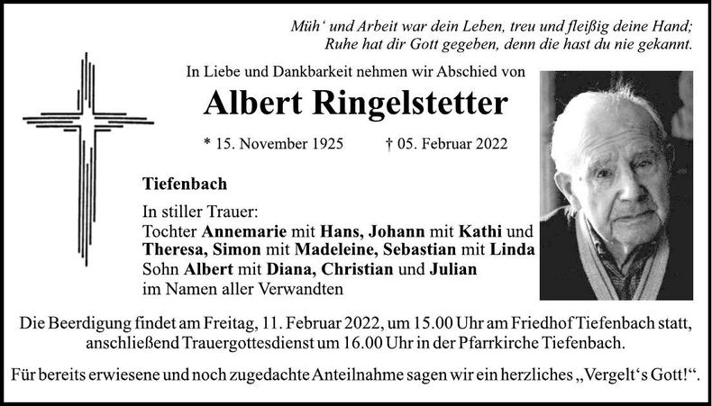 Traueranzeige Albert Ringelstetter