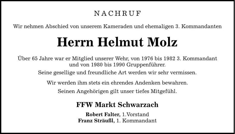 Traueranzeige Helmut Molz