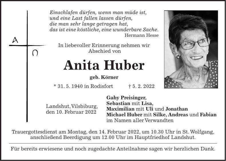 Traueranzeige Anita Huber