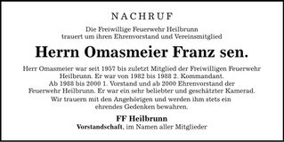 Traueranzeige Franz Omasmeier