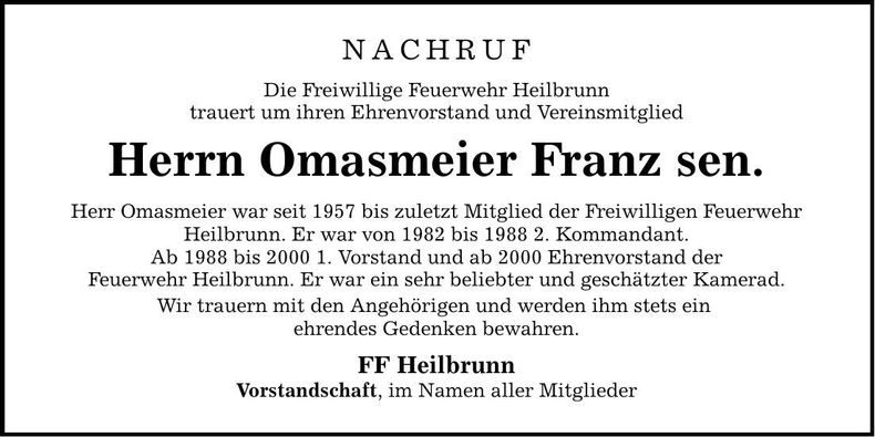 Traueranzeige Franz Omasmeier