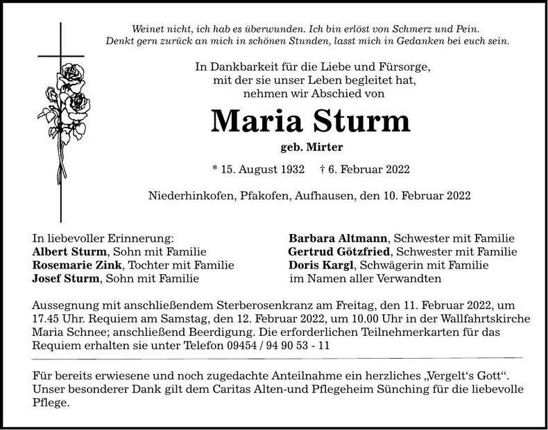 Traueranzeige Maria Sturm