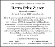 Traueranzeige Fritz Zierer